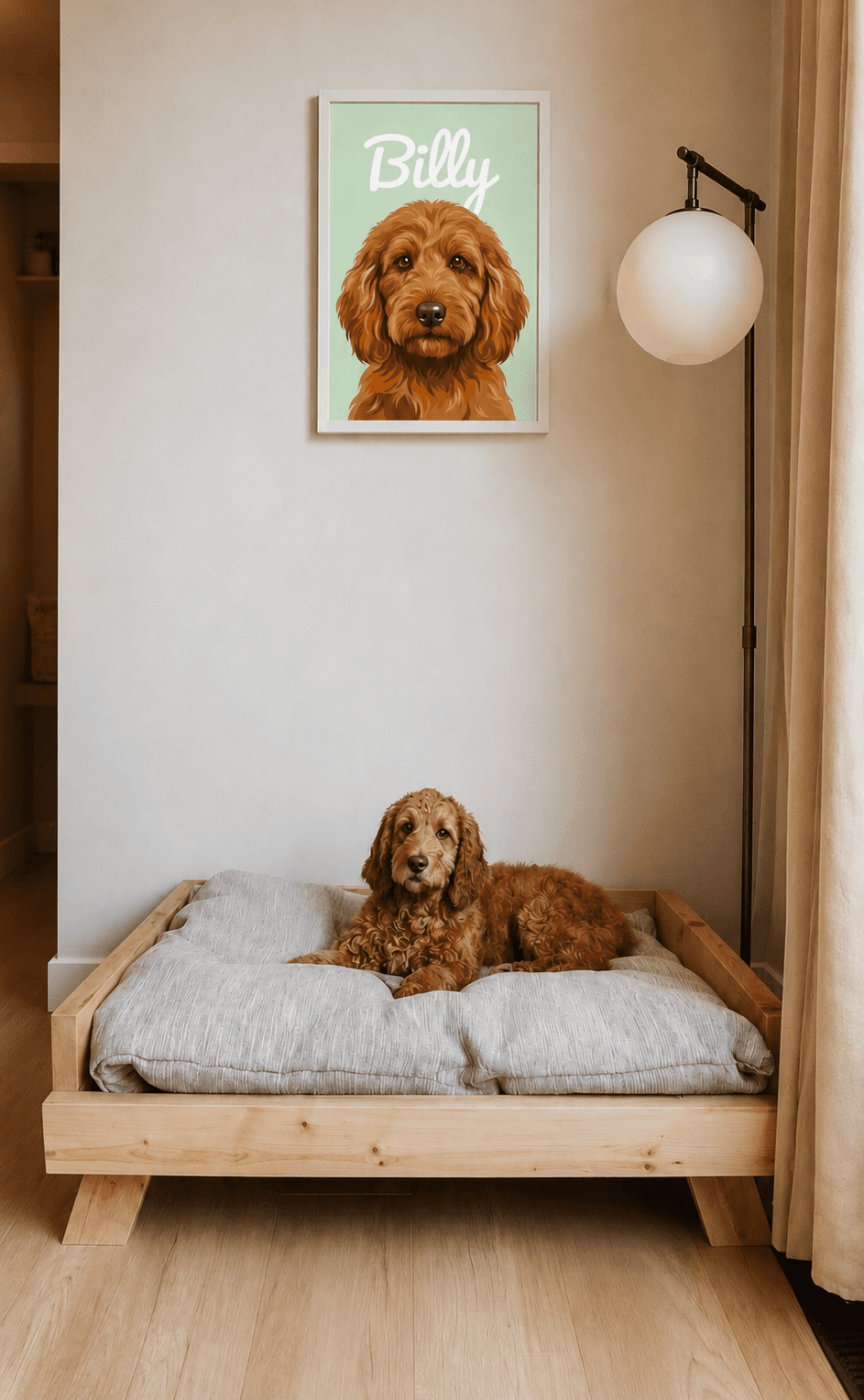 Portrait d'animal encadré au-dessus d'un panier pour chien