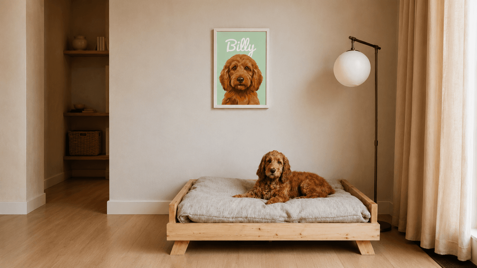 Portrait d'animal encadré au-dessus d'un panier pour chien